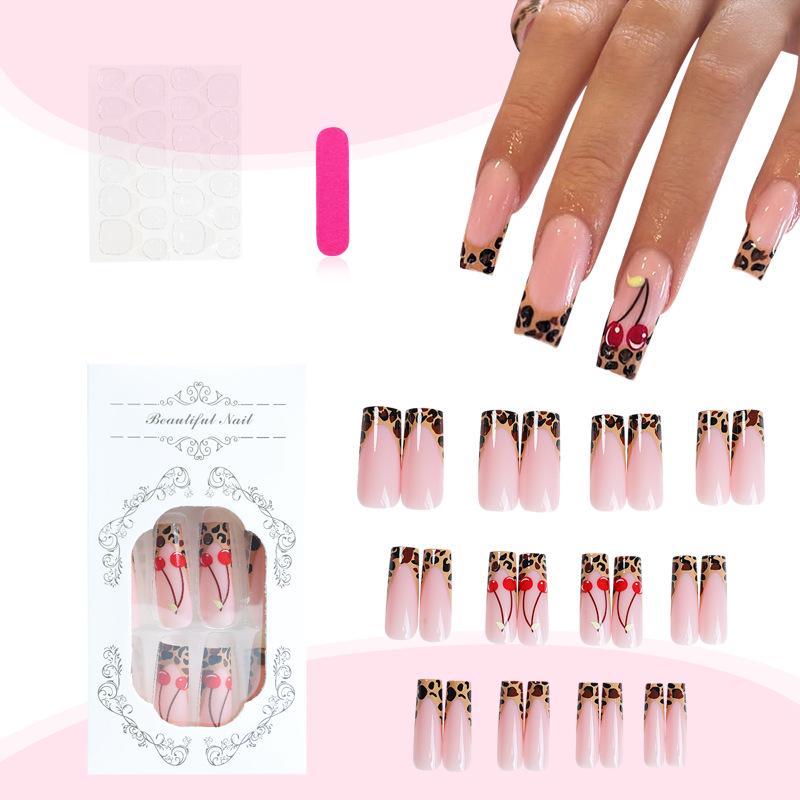 

Leopard Print French Edge Wearable Nail Art - Handmade Cherry Pattern Rectangular Nails