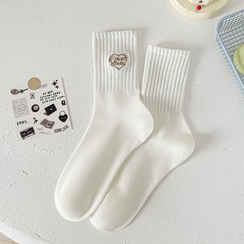 Ladies Spring and Autumn Versatile Sports Sweat Absorbing Embroidery Love Letter In Tube Socks
