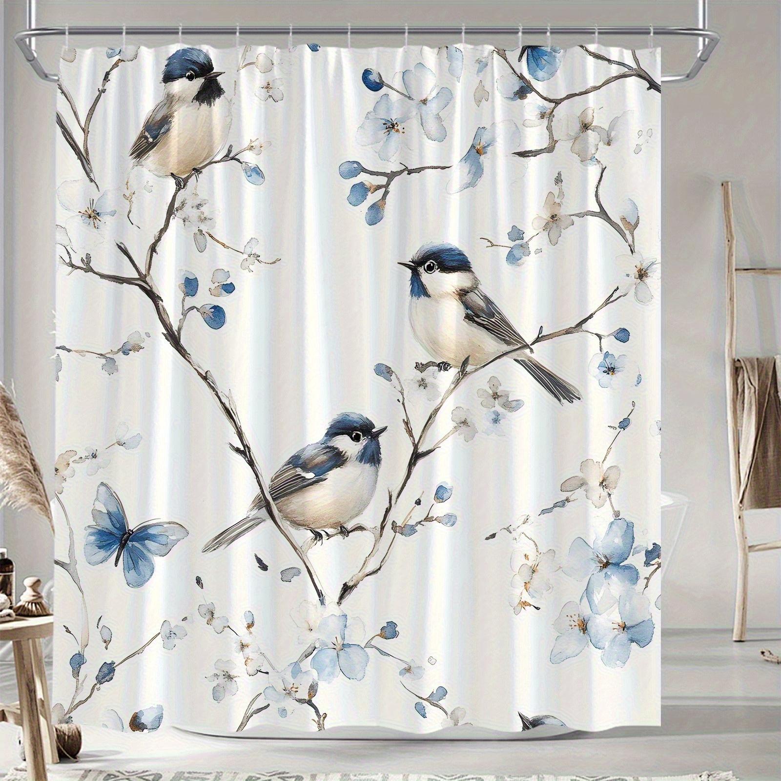 

A Bird Flower Print Shower Curtain, Digitally Printed, Suitable For All Seasons, Artistic Design, No-Drill Extra-Wide Ring Par W60H190(CM)-1 Pcs