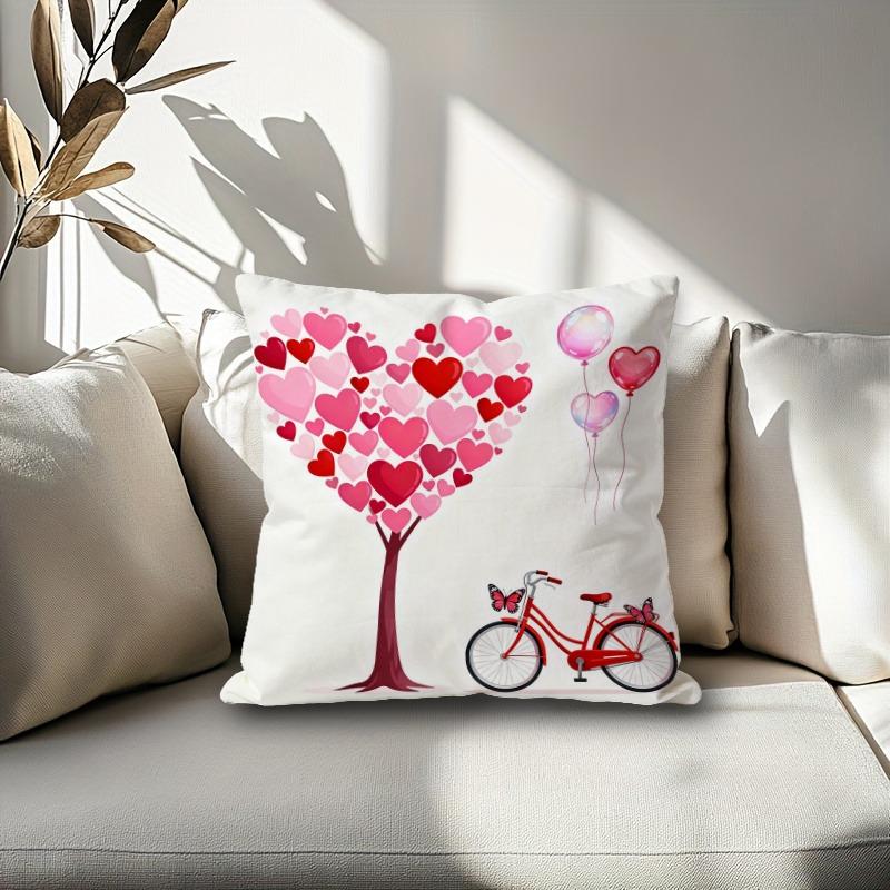 1Pcs Valentine's Day Pillow Cover, Love Tree Red Car Style Pillow Cover On White Background
