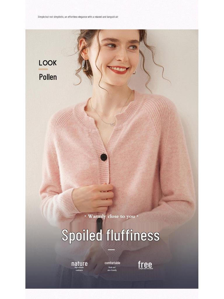 Women's Thick Cashmere Round Neck Raglan Sleeve Sweater Cardigan - Loose Fit, Autumn/Winter Versatile Outerwear