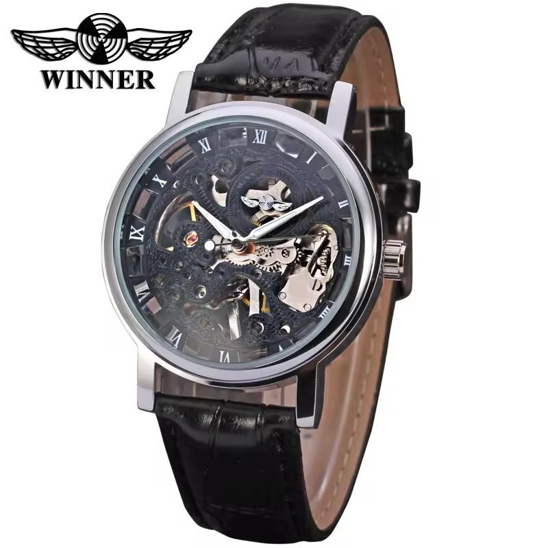 Winner Men's Double-Sided Skeleton Mechanical Watch, Gold Case with Brown/Red Strap.