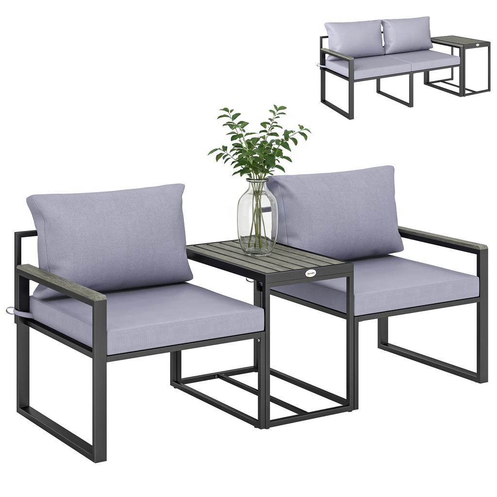 3-Piece Balcony Furniture Set 2 Armchairs with Table Removable Seat & Back Cushions Breathable Cover Grey