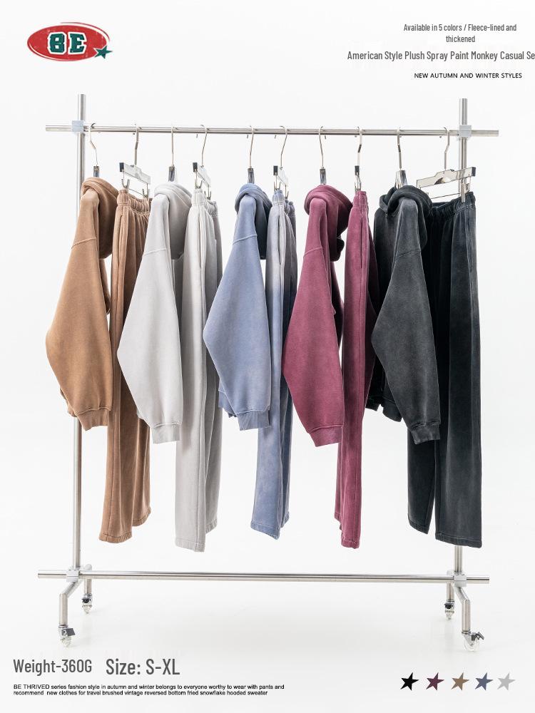 BE Men's Retro Distressed Spray Paint Velvet Hoodie & Sweatpants Set - Autumn 2025 Collection