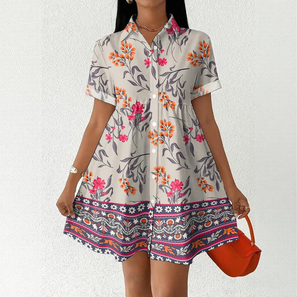 Casual Loose Fit Shirt Dress with Button Front and Stand Collar Short Sleeve Printed Summer Dress for Women