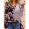 Half-zip V-neck Top Purple Pink Rose Print Light Luxury Long-sleeved Retro Temperament Versatile Shirt