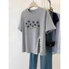 Women's Gray Irregular Short-sleeved Summer Round Neck Mid-length Slit Top
