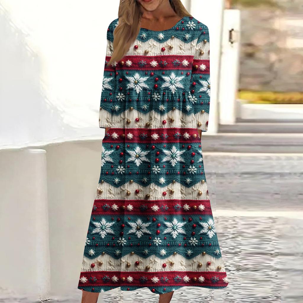 Women's Casual Round Neck Christmas Print Midi Dress Long Sleeve Pocket Dress