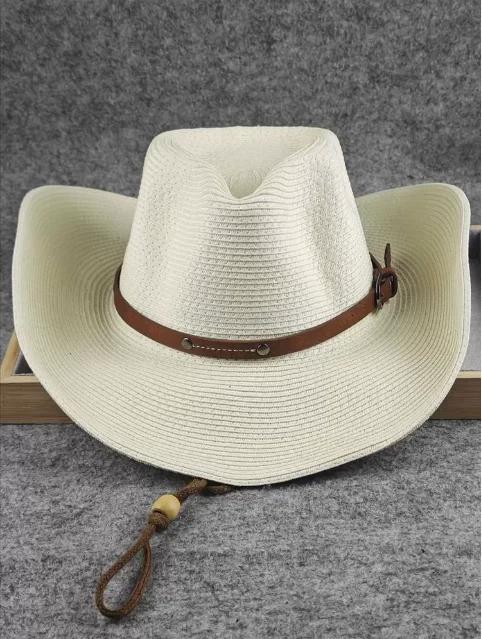 57-62cm Western Cowboy Hat - Stylish Jazz Sun Hat for Men & Women, Wide Brim Beach Hat with Windbreak Rope