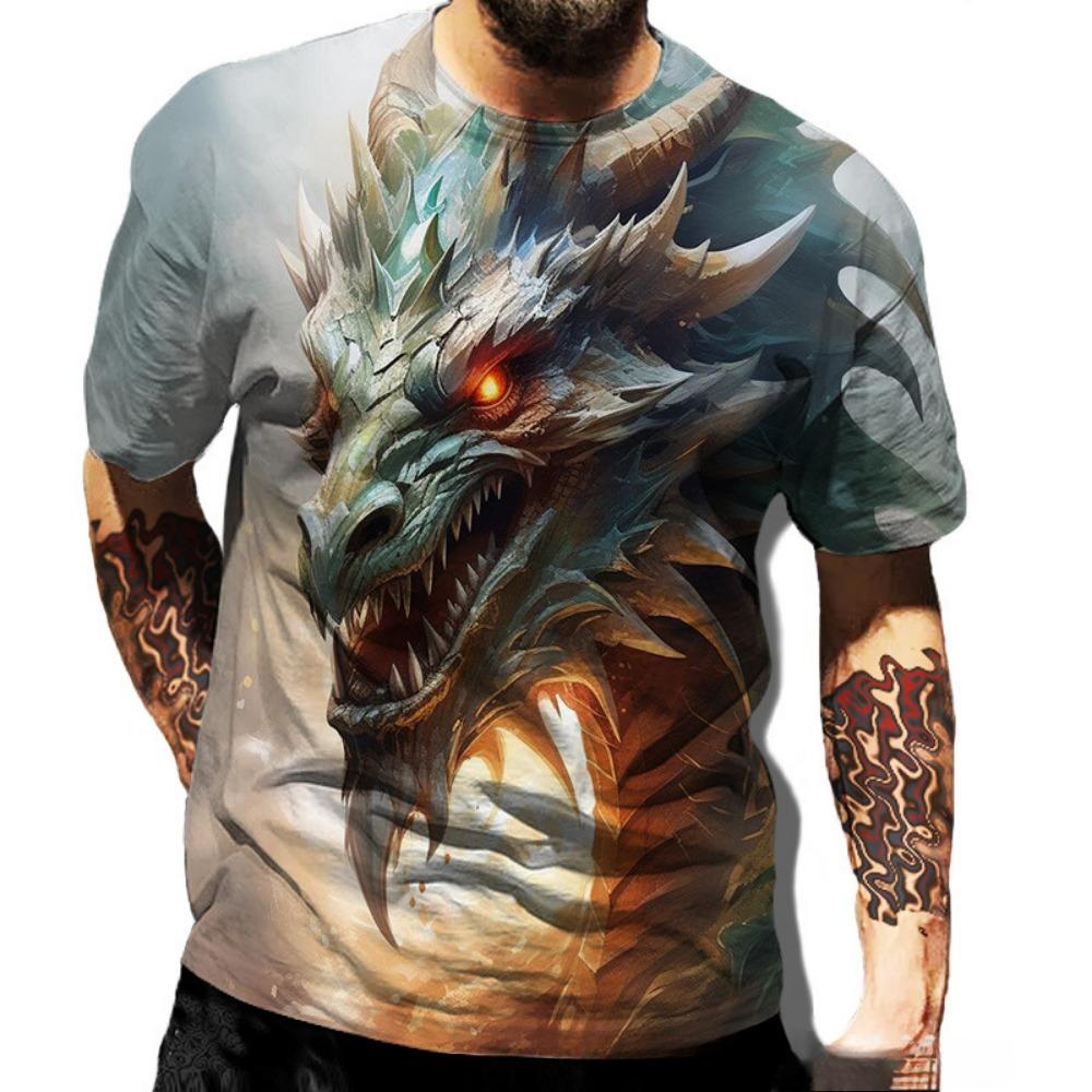 Summer Round Neck 3D Dragon Series Print Top Fashionable Casual Short Sleeved Men's T-shirts