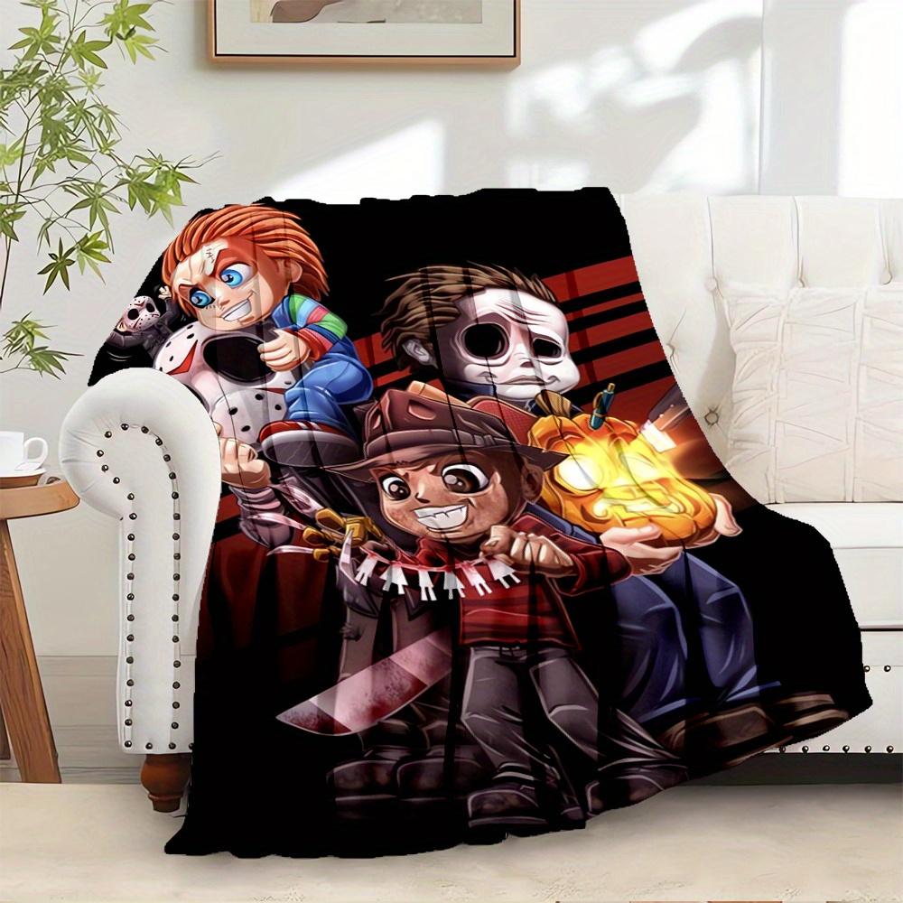 1pc Horror Icons,Chibi Art,Halloween ThemeTheme Digital Printed Flannel Blanket, Super Soft Plush Fleece Bed Cover, Multi-Function Four Seas