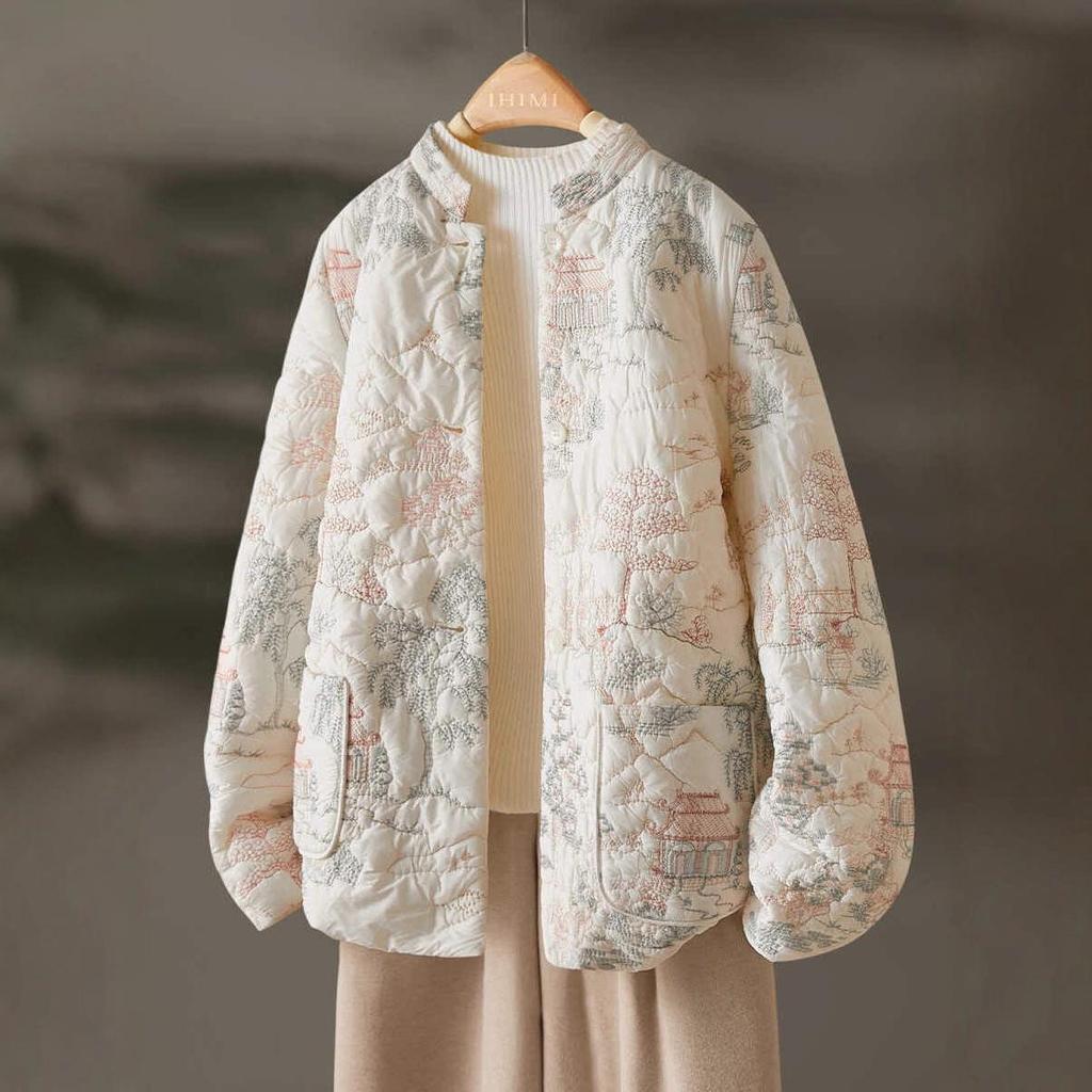 Autumn/winter Women Floral Embroidery Single Breasted Vintage Parker Casual Loose O-neck Long Sleeves Coats