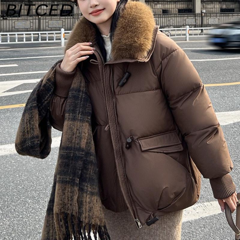 BITCED Women's Short Down-Filled Cotton Jacket with Oversized Fur Collar - Winter Fashion Coat