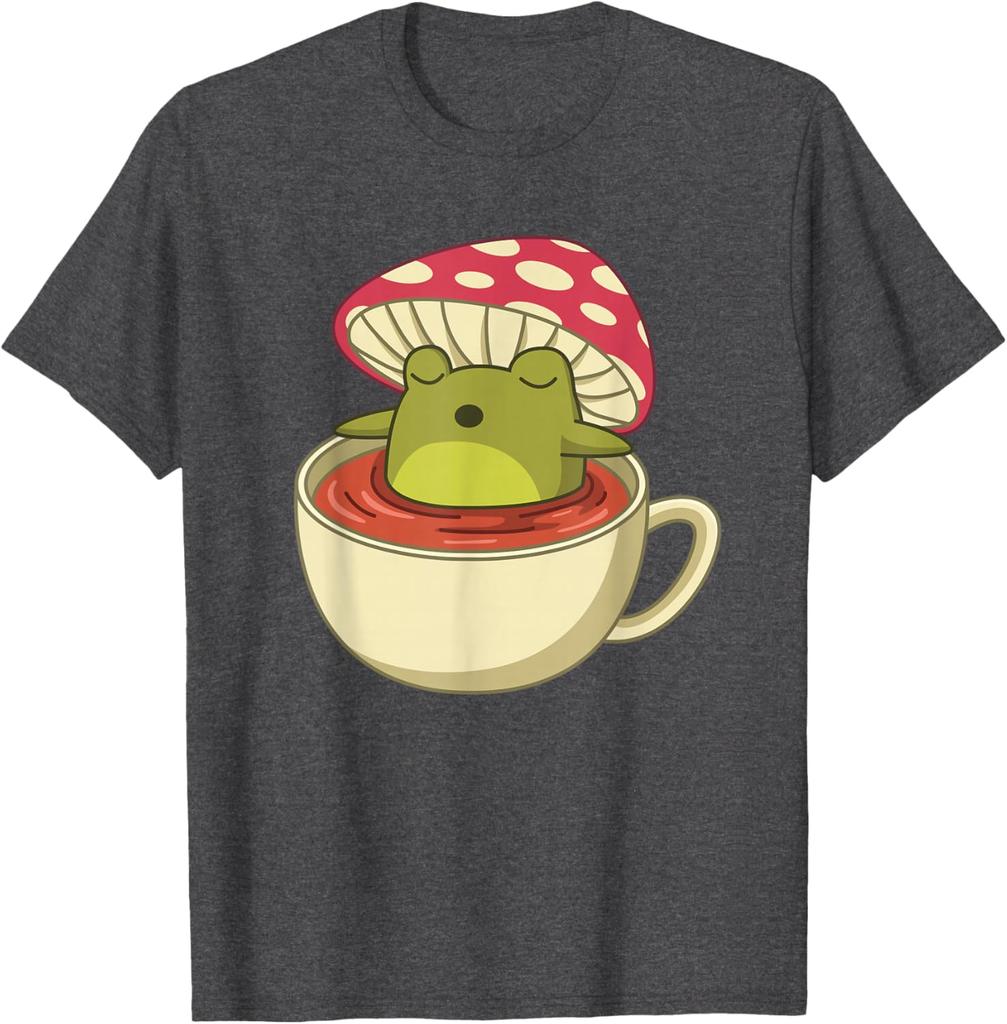 Cottagecore Frog In Tea Cup Mushroom Aesthetic Graphic Tee Shirt Casual Short Sleeve