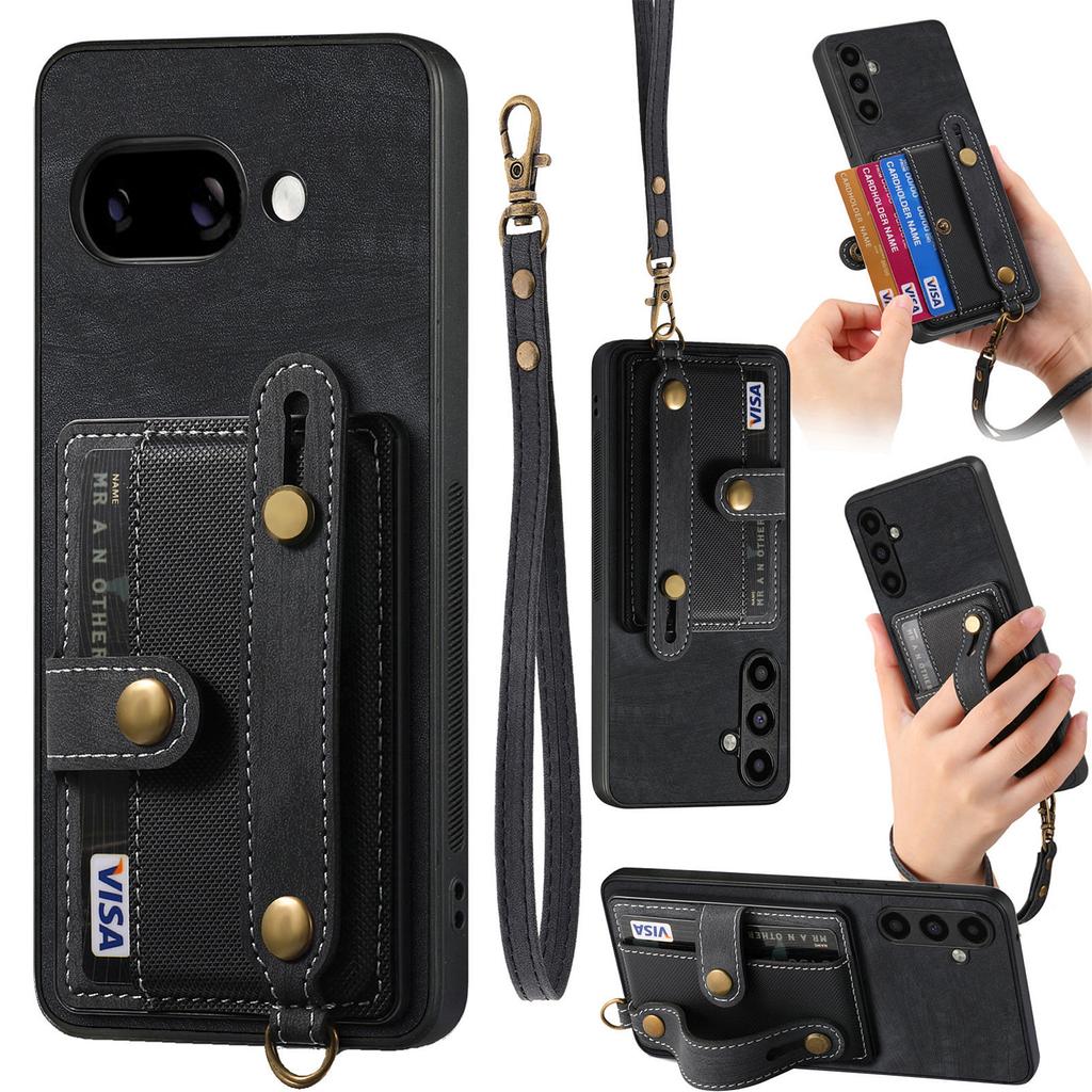 Für Google Pixel 9a Retro PU Leder Rückseite mit Kartenhalter und Armband-Ständer