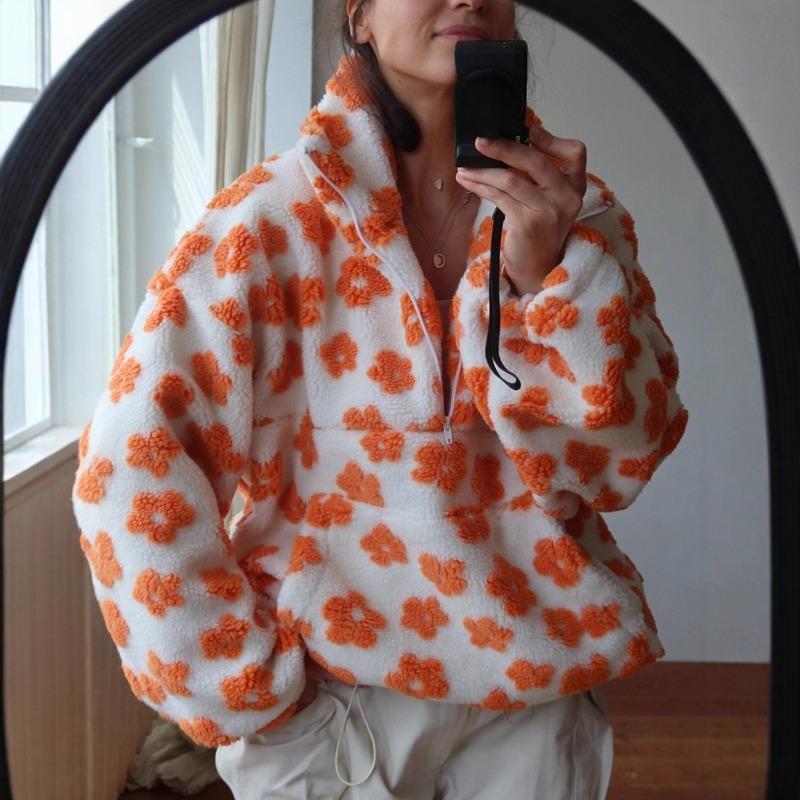 Autumn Winter Women's Sherpa Floral Pullover Hoodies Half Zip Style Loose Fit Warm Stylish Sweatshirt