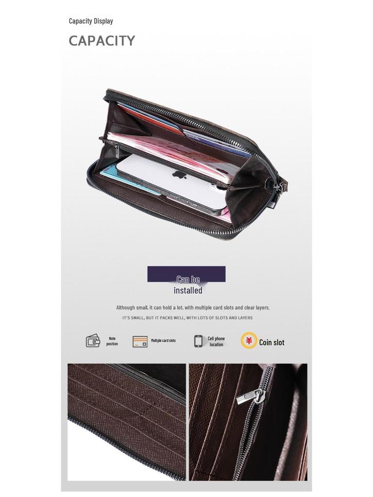 Men's Leather Long Zip Wallet: Multifunctional Card Holder & Large Capacity Clutch with Multi-Card Slots.