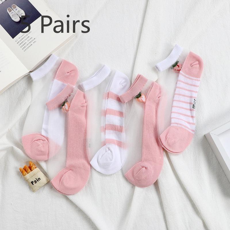 5 Pairs of Women's Summer Thin Cute with Transparent Boat Socks