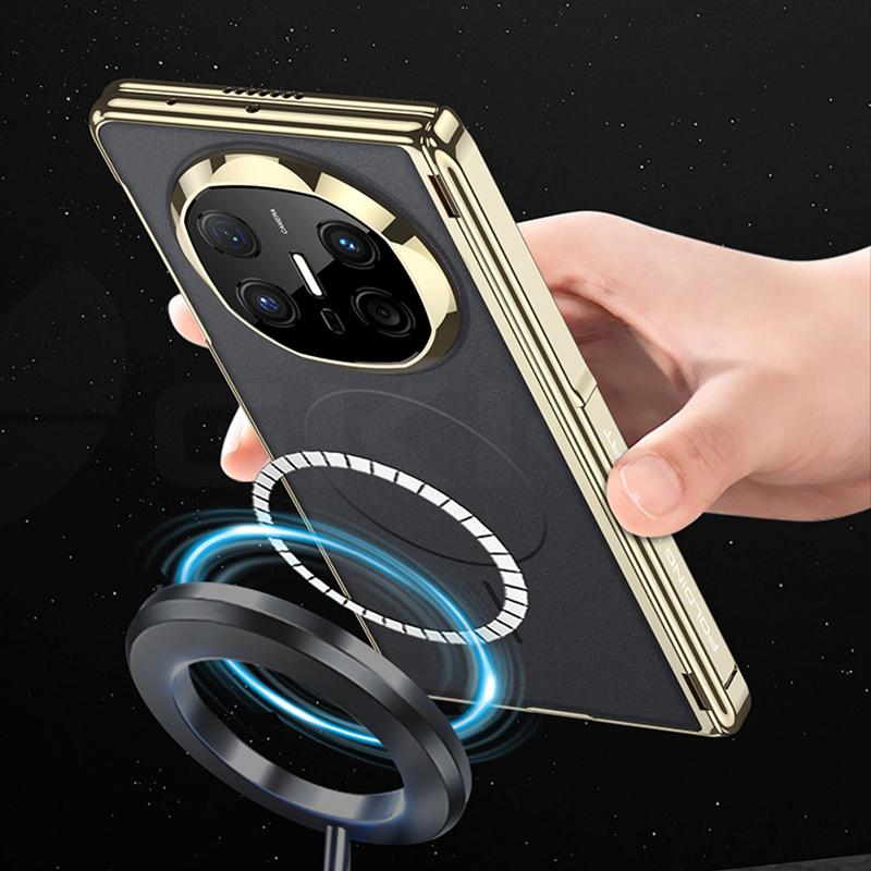 Magnetic Hinge Holder Case for Huawei Mate X6 Only Back Wireless Charge Frosted Plating Plastic Cover for Huawei Mate X5 X3 Case