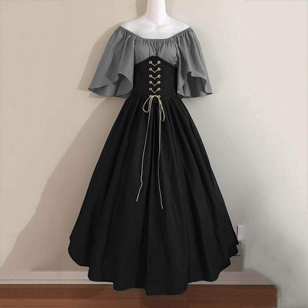 Women's Off‑Shoulder Half Sleeve Maxi Dress Loose Fit High Waist Vintage Renaissance Medieval Gown