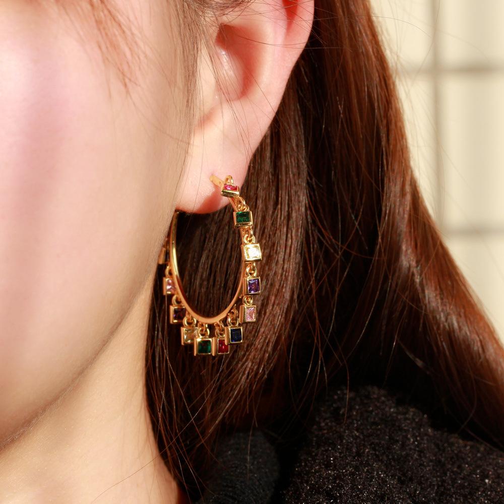 Fan Exaggerated Large Circle Copper Gold-Plated Zircon Earrings Famous Wind Fringed Earrings C-Shaped Earrings