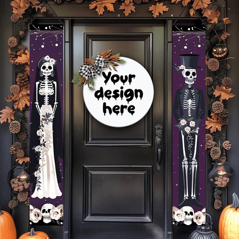 2D Flat, 2pcs Gothic Suitable for -weather Day of the Dead Banner & Couplet Flag with Skull Couple Design - Spanish/Latin Dia De Los Muertos Decoratio