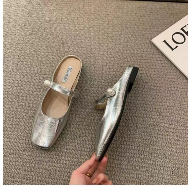 Fashion Women Slippers Fashion Flats Brand Design Square Toe Ballet Casual Basic Buckle Strap Female Dress Spring Autumn Pearl Shoes