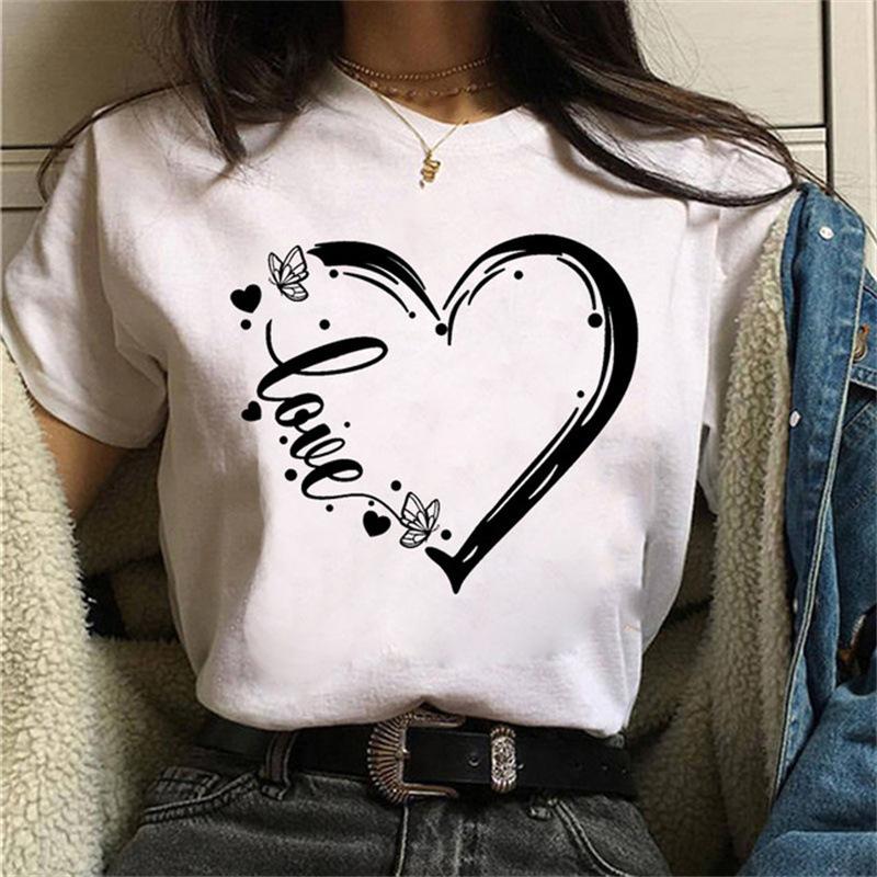 Women Short Sleeve T-shirt Butterfly Love Heart Print - Casual Graphic Tee