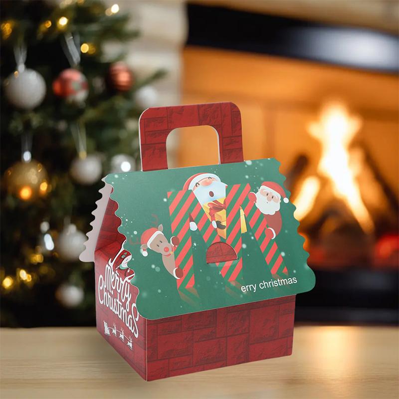4 Stück Weihnachts Hausform Geschenkboxen Kraftpapier Süßigkeiten Kekse Geschenkverpackungsbox mit Henkel Weihnachtsbaum Anhänger Partyzubehör