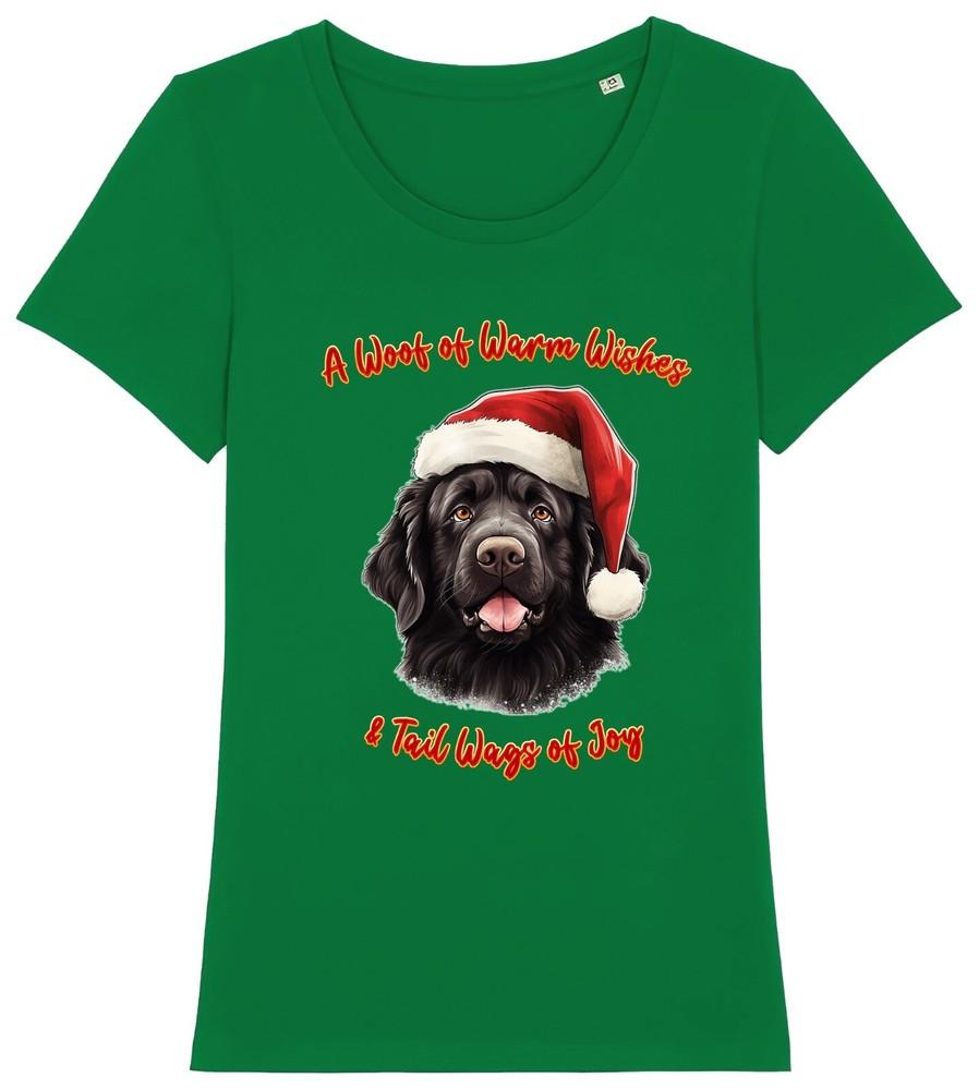 

Womens NEWFOUNDLAND Christmas T-Shirt Santa Hat Dog Woof Wishes Stocking Gift S