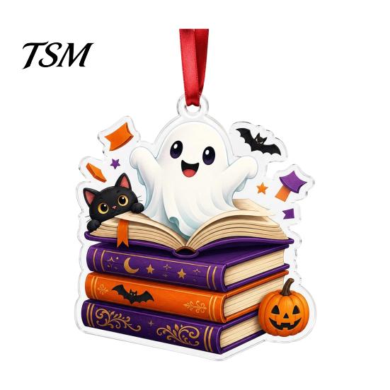 Halloween Bookshelf Ornaments Reading Ghost Hanging Ornament, Acrylic Holding Book Pumpkin Mummy Ornament Black Cat Decor, 2D Cartoon Bookish Pendant