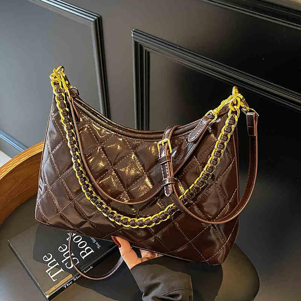 Women Chains Shoulder Bags Trendy Diamd Lattice Thread Underarm Bag Luxury Designer Lady Oil Wax Leather Large Capacity Totes