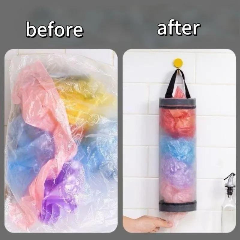 Wall-Mounted Trash Bag Holder Plastic Shopping Bag Storage Magic Net Pocket Kitchen Door Back Storage Organizer Polyester Fiber
