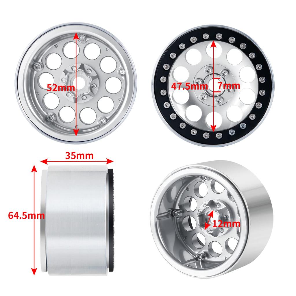 TRZX 2.2-inch Beadlock RC Wheel Rims Set Wheel Hubs for 1/10 RC Crawler Axles SCX10 TRX4 D90 Wraith 90048 90018 (4 Pieces)