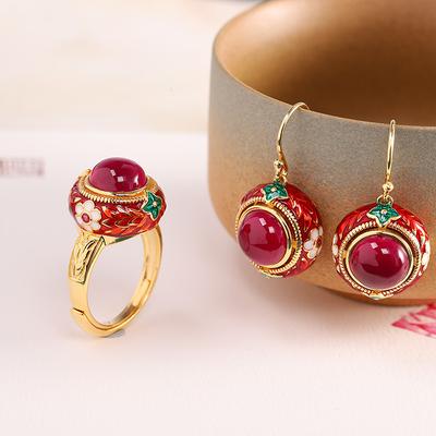 Pałacowy Styl Starożytne Złote Rzemiosło Vintage Emaliowane Kolorowe Kwiatowe Naturalny Karneol Zestawy Biżuterii Pierścionek Kolczyki Dla Kobiet