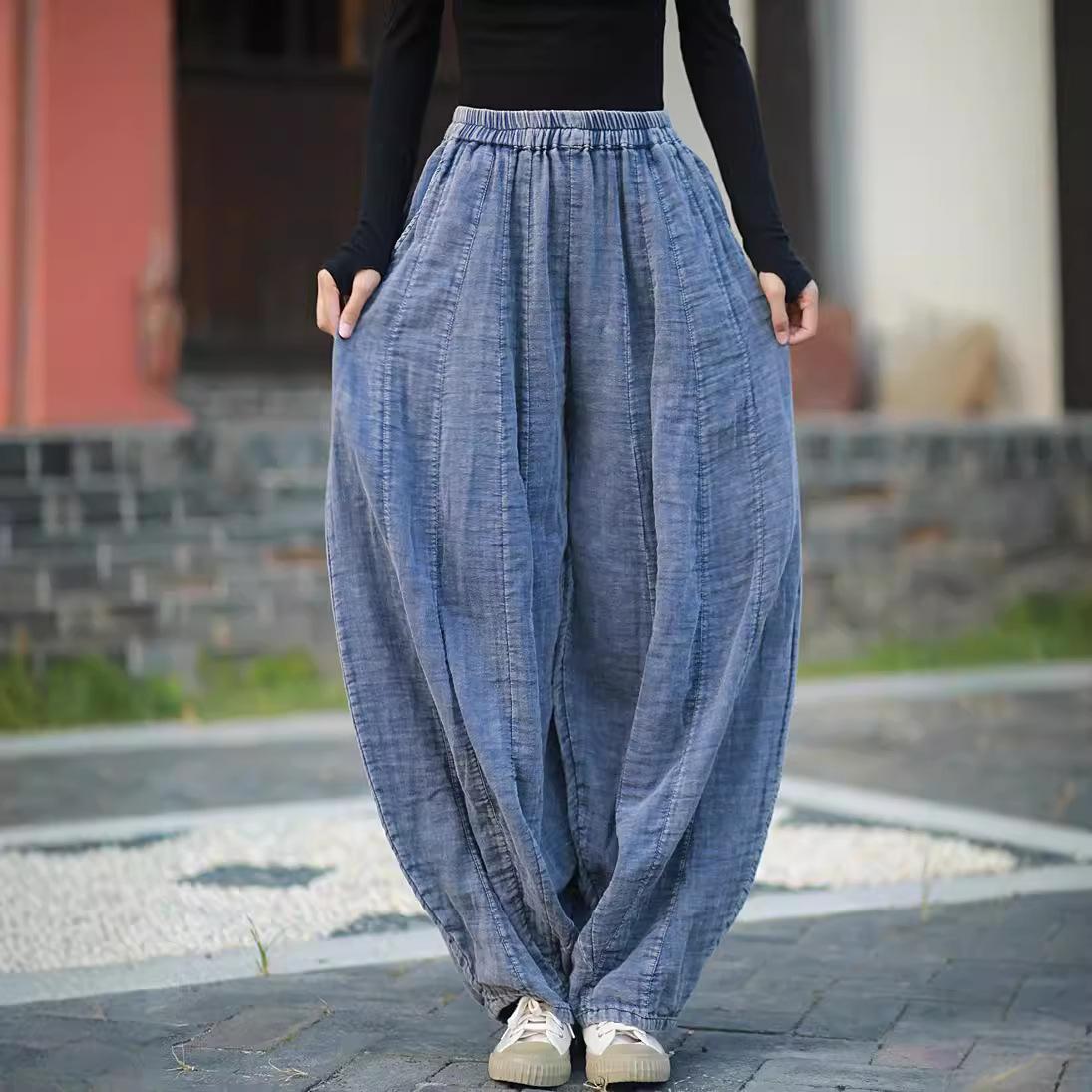 

Johnature Women s High Waist Harem Pants Vintage Elastic Waist Solid Color Trousers One Size