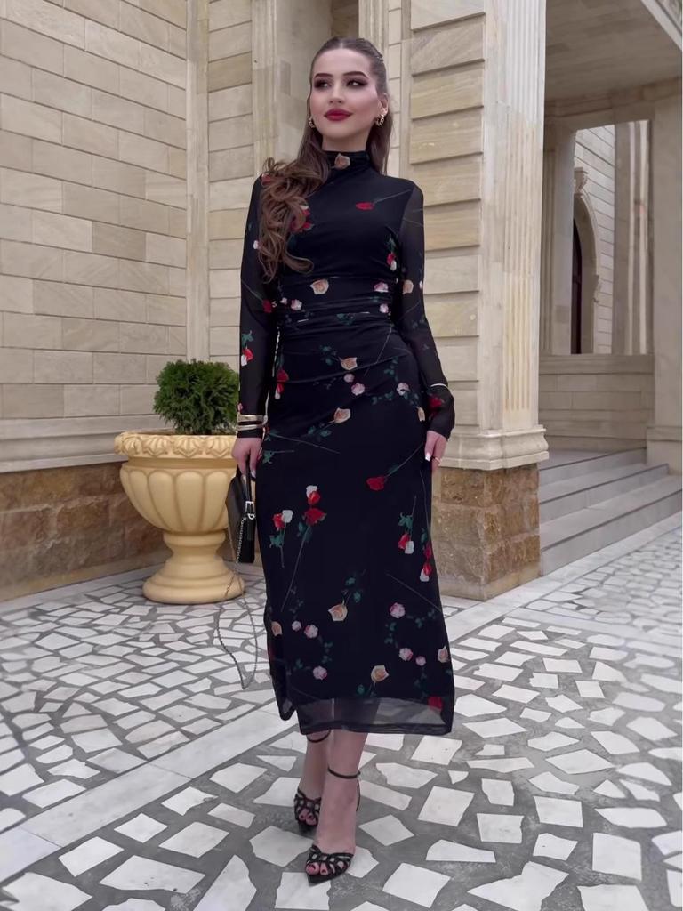 2025 Herbst Schwarzes Netz-Print Schlankmachendes Langarmkleid