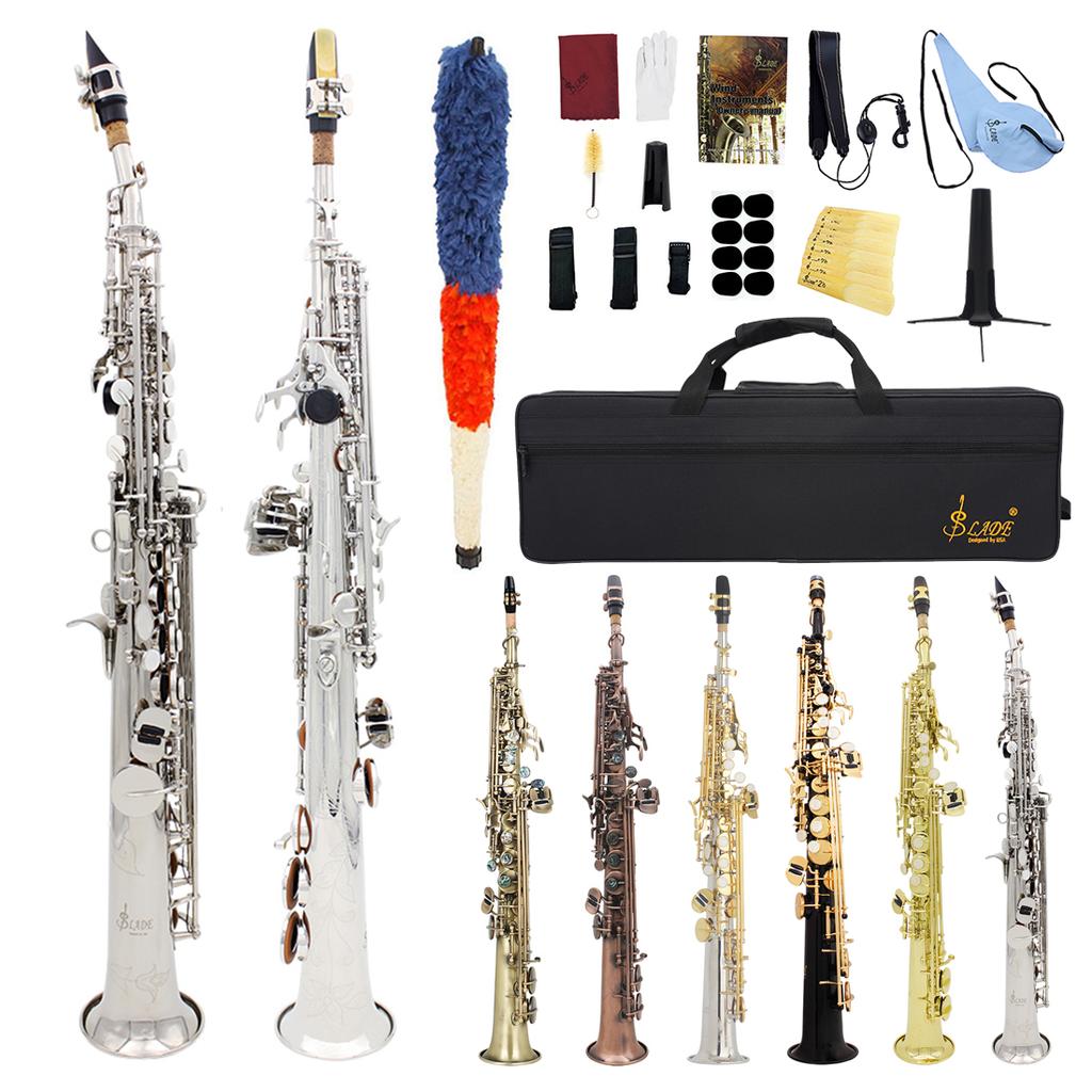 SLADE Bb Soprano Saxophone Straight Brass Body Silver-Plated Bb Saxophone Set Professional Performance Practice Woodwinds