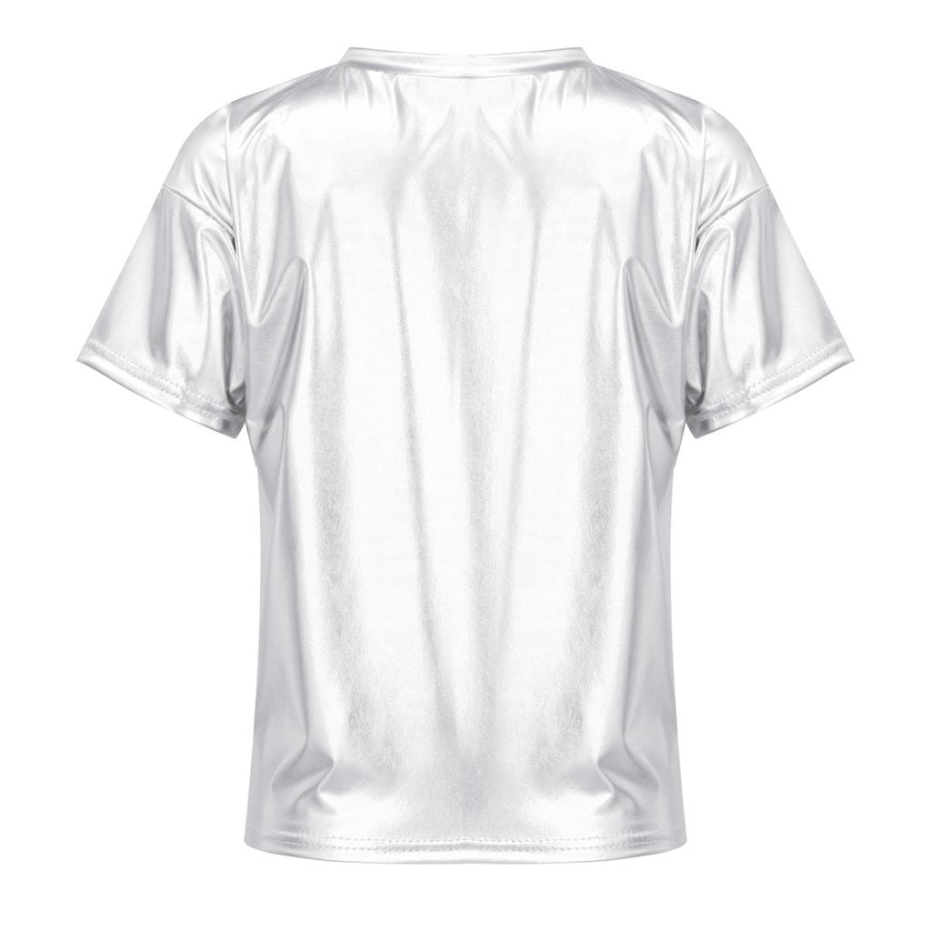 Girls Metallic Shiny Short Sleeve T-Shirt Round Neck Dance Party Performance Top