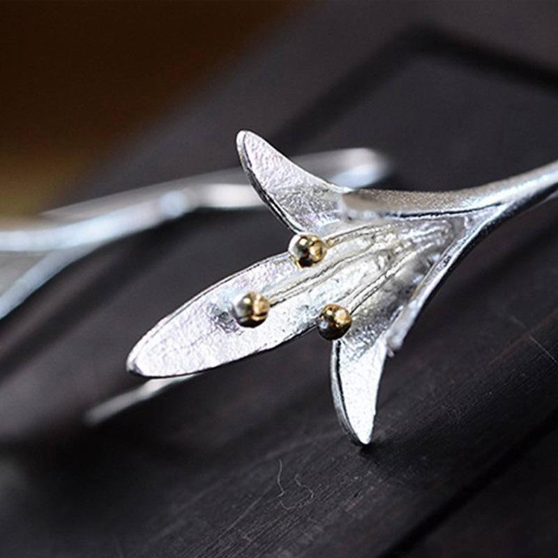 Two-tone Silver & Gold Lily Flower Drop Earrings, Brushed Metal Floral Dangle Earrings for Women