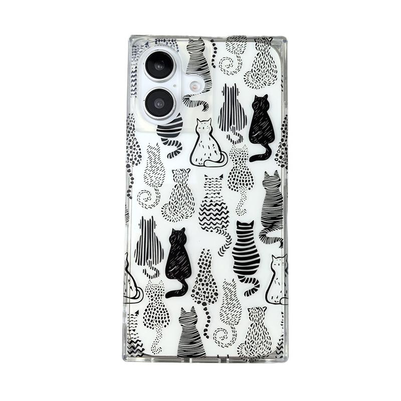 

Cartoon Sketch Cats Pattern Right Angled Edge Case For iPhone 17 16 15 13 14 12 Pro Max Clear Phone Back Cover iPhone 14 Pro