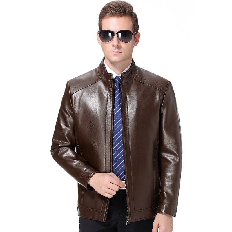 Giacca in Vera Pelle da Uomo Primavera e Autunno Collo Alto Giacca Casual in Pelle di Pecora per Uomo di Mezza Età