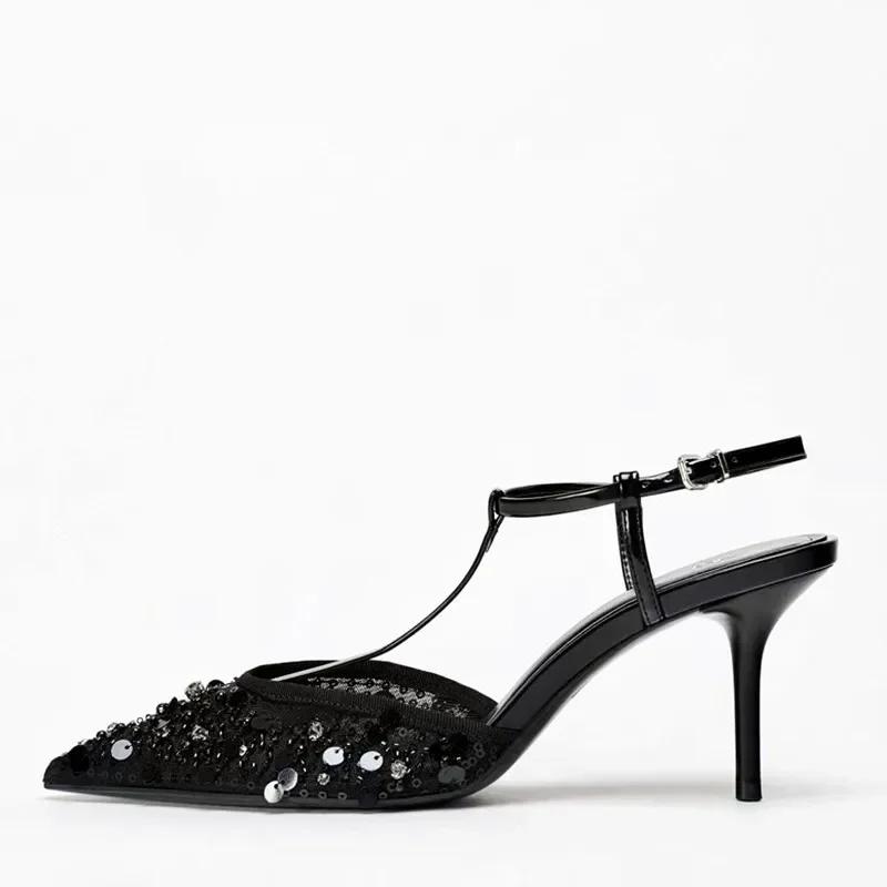Fashion Sexy Pointed Toe String Bead Heels Party Shoes Summer Ankle Strap Heeled Sandals Women Elegant Bling Black Mesh Designer Pumps