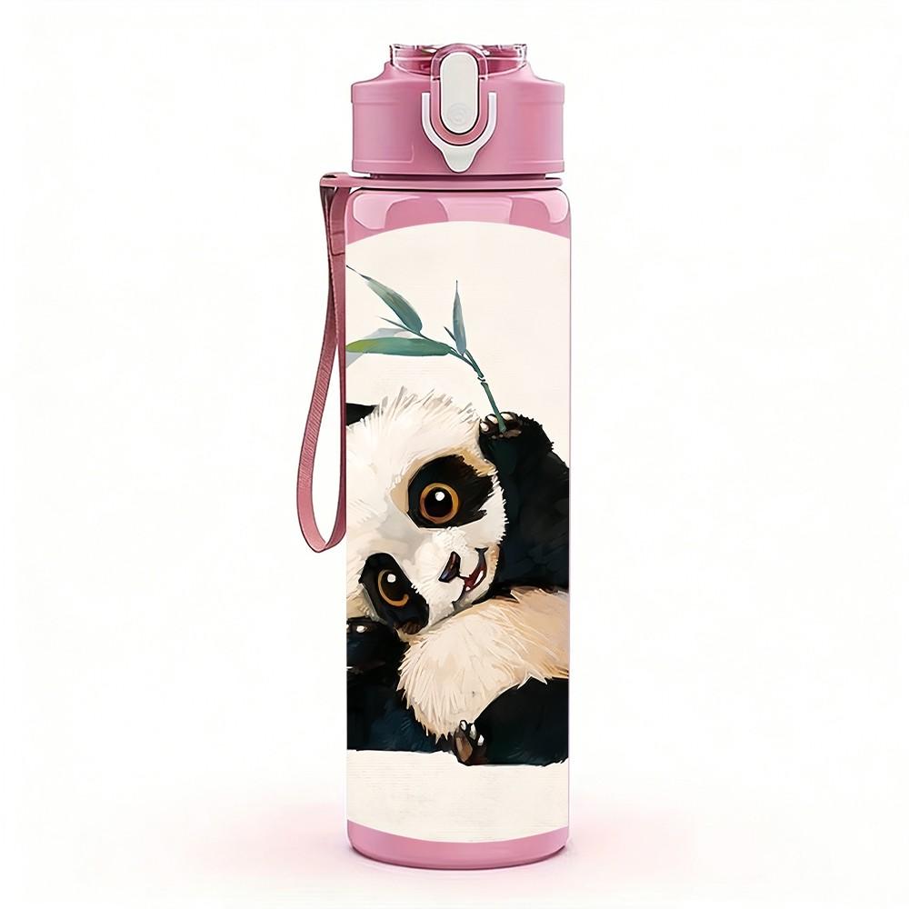 1PC Ink Wash Painting Panda Bamboo Pattern 750ml Color Plastic Sports Water Bottle Leakproof Flip Straw Lid Suitable for Sports Office Home Use