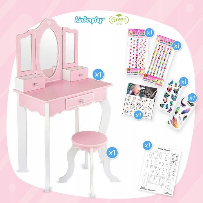 Grande Coiffeuse En Bois Rose Pour Enfant Avec Triple Miroir, Tabouret Et Stickers (GS3303)