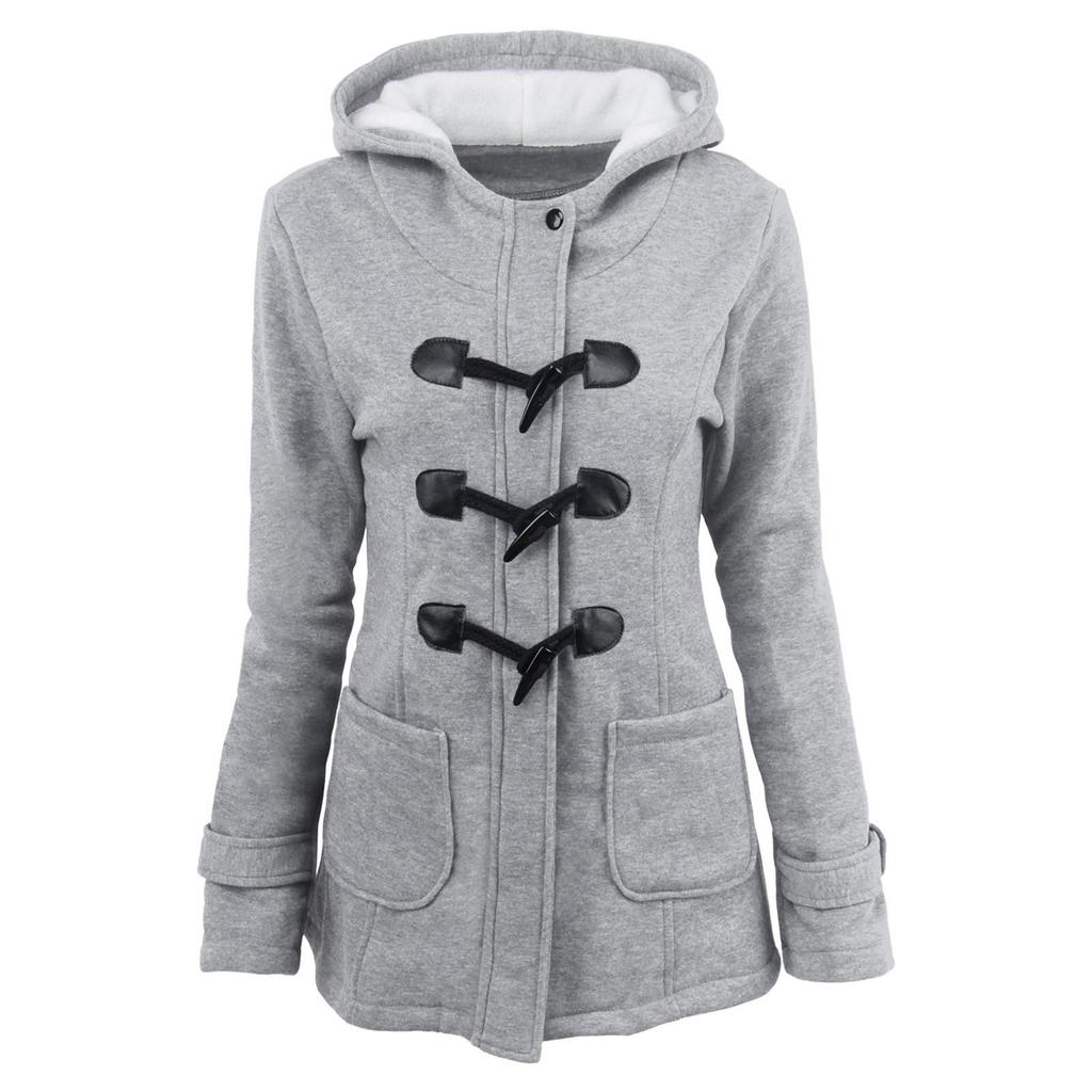 Frauen einfarbig Horn Knöpfe Strickjacke gepolsterte Kapuze Mantel Jacke Mantel
