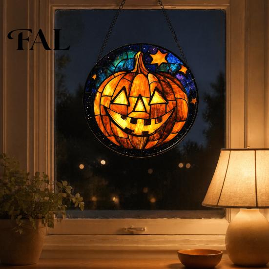 Stained Glass Style Wall Art Halloween Suncatcher Ornament, Vintage Hanging Window Decor with Pumpkin Ghost Bat Witch Festival Atmosphere Gifts