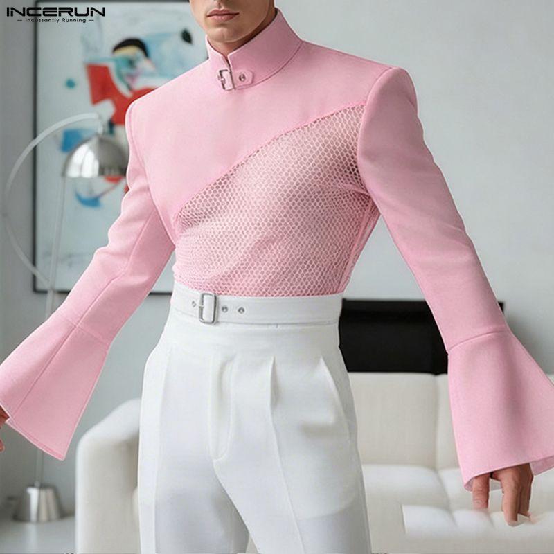 INCERUN Men Mockneck Long Sleeve Webbing Patchwork Fitted Casual Undershirts T-shirts