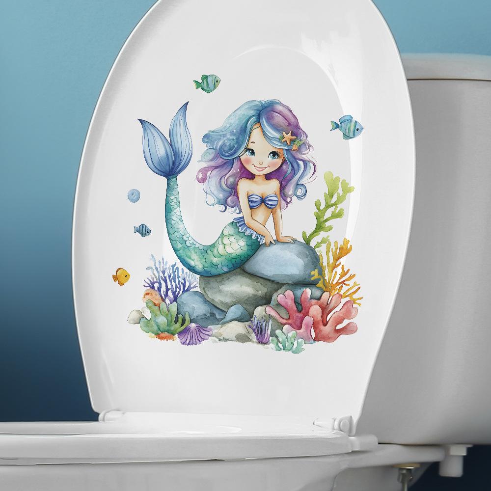 Cartoon Mermaid Coral Seaweed Bathroom Toilet Toilet Stickers for Home Beautification and Decoration