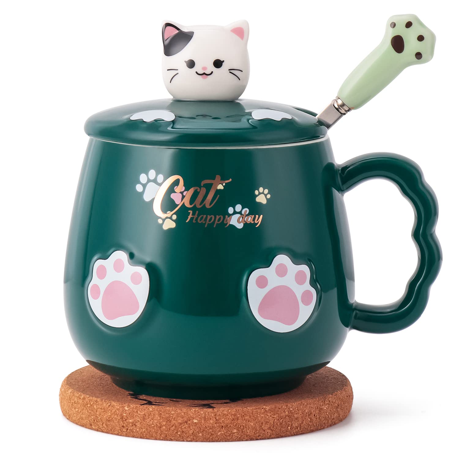 

Ceramic Cat Mug with Lid and Coffee Cute Cat Birthday Gift Spoon, Cup/Mug, (White) (Green) зелёный
